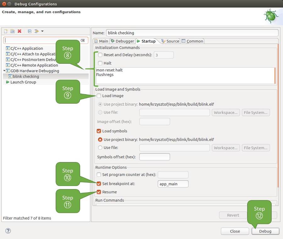 Configuration of GDB Hardware Debugging - Startup tab