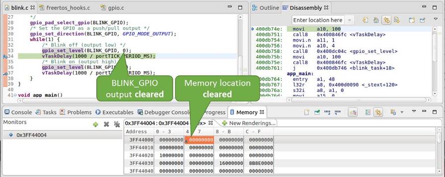 Observing memory location 0x3FF44004 changing one bit to ON"