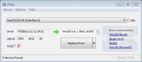 Configuration of JTAG USB driver in Zadig tool